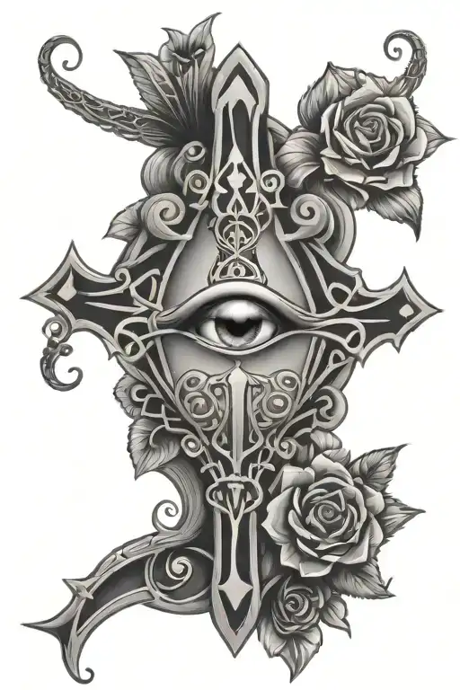 Ankh Symbol With Eye Of Horus And Flowers