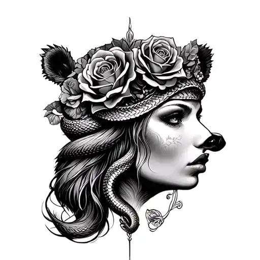 Lady Head With Grizzly Headdress That Incorporates A Snake And Roses