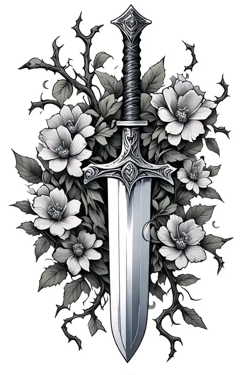 Sword With A Vine Wrapped Tightly With Thorns And Flowers