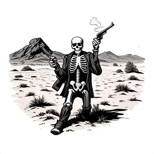 Skeleton Walking Away From View In A Desert Smoking A Cigarette And Holding A Revolver