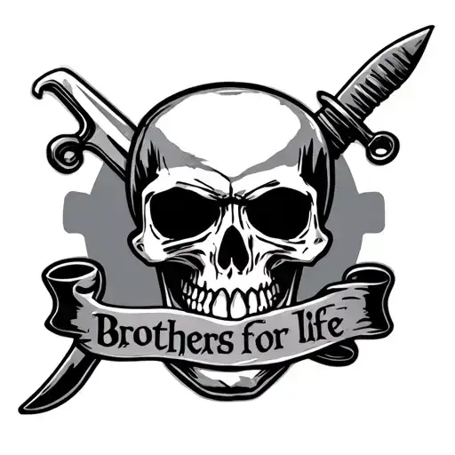 Skull With Knife And Scroll Around Saying Brothers For Life