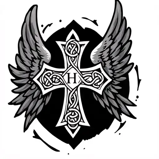 Celtic Cross With Wings Coming Out Of It With The Initials Hfh In The Center For My Upper Right Back