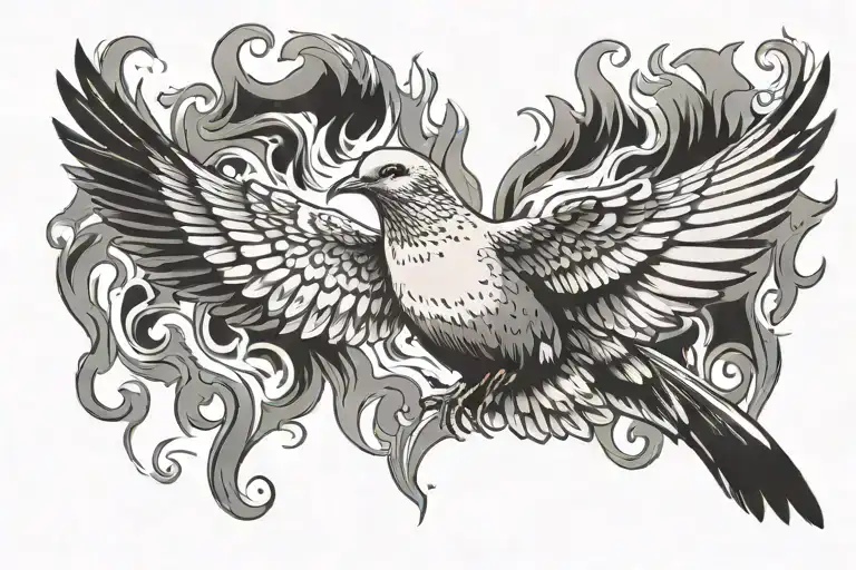 A Centered Mourning Dove Flying Out Of Flames