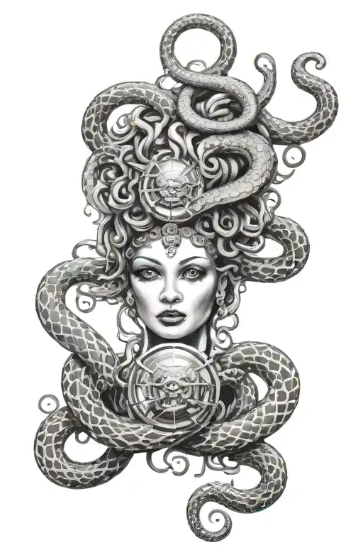 Black And White Medusa Head Shot With Snakes And A Crystal Ball Wrap Around Thigh