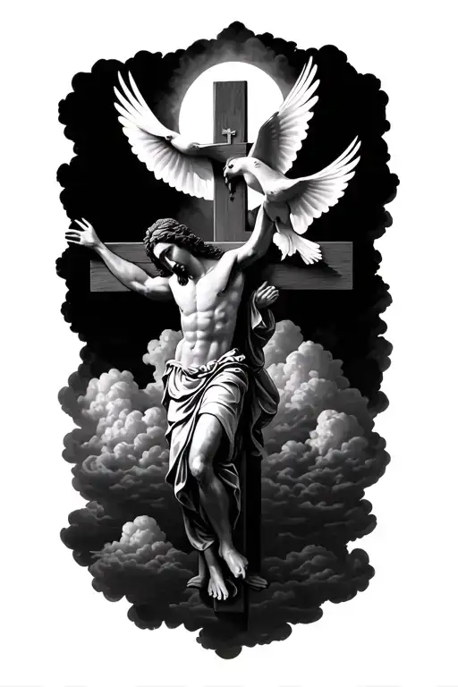 2 Doves Over Jesus Christ While He Is Overlooking A Cross With Clouds Behind Everything