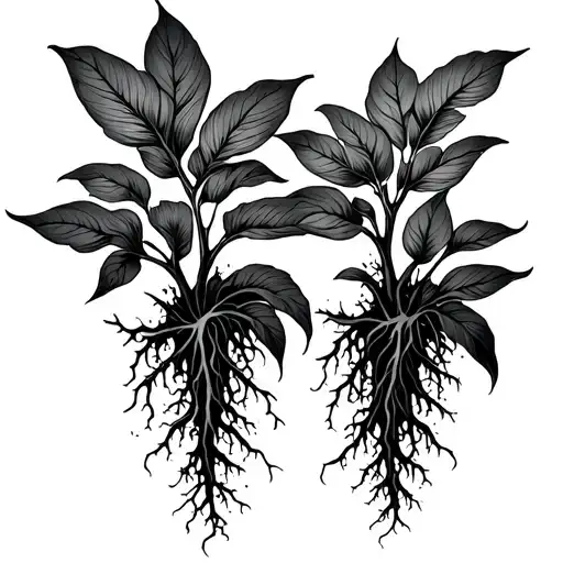 Two Plants With Roots Intertwining Out Of The Darkness