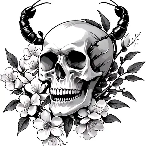 Japanese Skull Cherry Blossoms And Scorpions Tattoo
