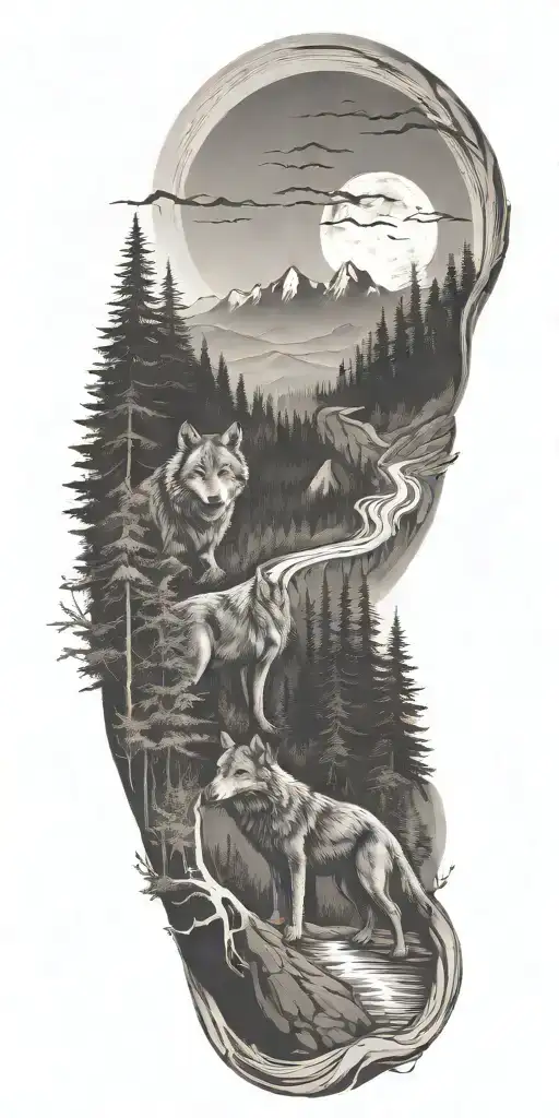 A River Winding Through A Forest Leading To Mountains With Wolf