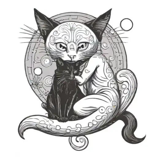 Black Cat Kissing White Cat Sitting On The Moon Phases