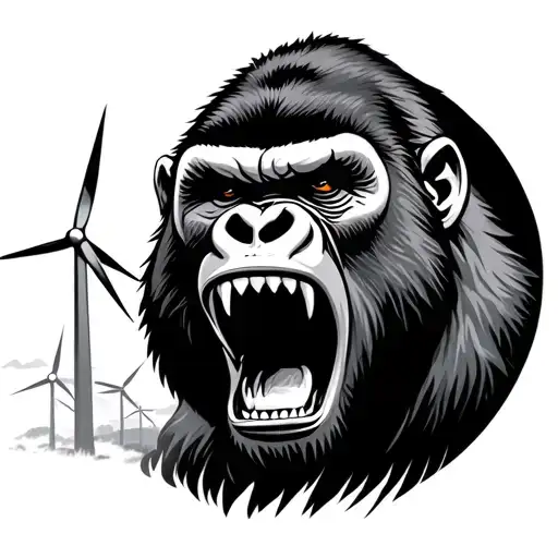Realistic Fierce Gorilla Face Growling Surrounded By Wind Turbines