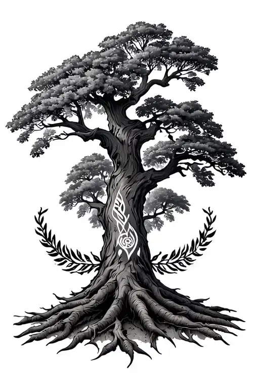 A Big Oak Tree With A Laurel Wreath With A Tribal Design