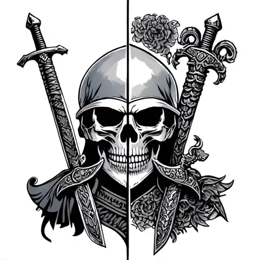 Half Skulls Half Gladiators With Sword Through It