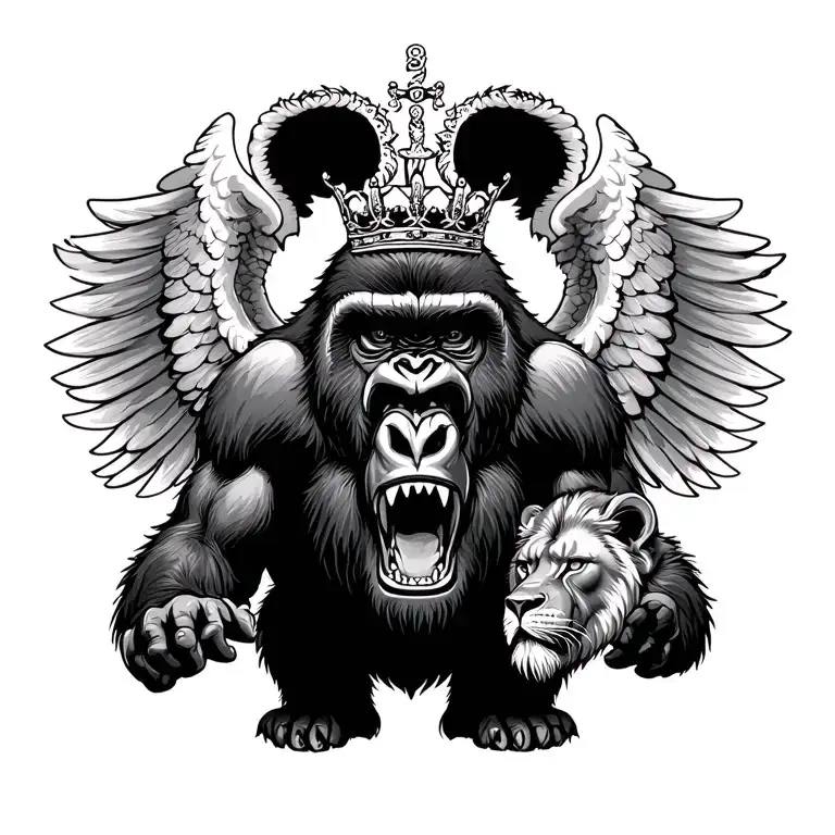 Number 8 Wings Spread With Crown Gorilla And Lion Growling