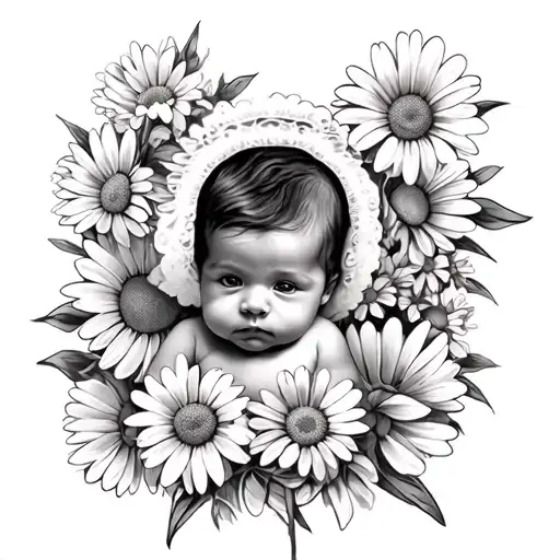 Full Leg Sleeve Tattoo With Infant Portrait And Daisy Flowers