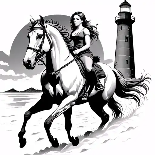 Woman Riding A Horse Without Mount Illuminated By A Lighthouse