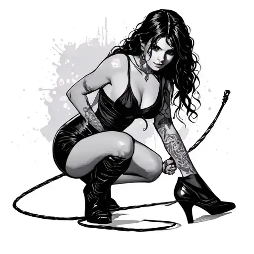Submissive Sexy Young Woman Kneeling And Holding A Whip