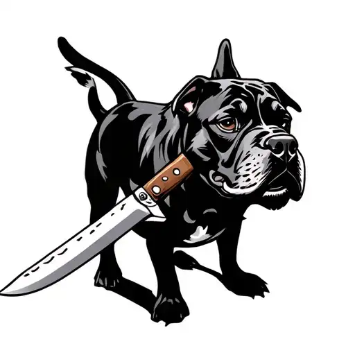 Dog Standing With Knife In Its Mouth