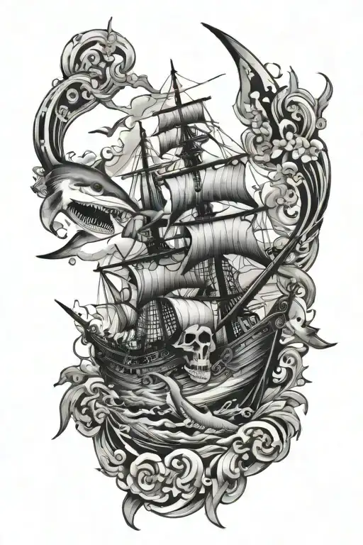 Pirate Ship And Underwater Shark Swimming