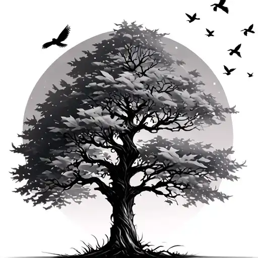 Tree Loosing Leaves With Birds Flying