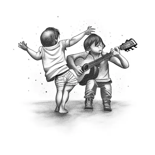A Tattoo Of A Dad Playing Guitar With His Child Dancing Next To Him