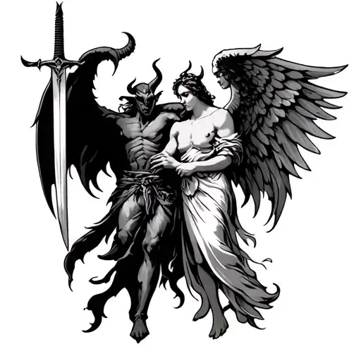 A Tattoo Of A Devil And An Angel Holding A Sword