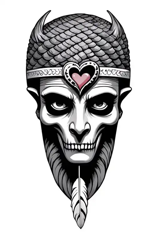 Head Of Anubes With Scale In Front With A Heart And A Feather