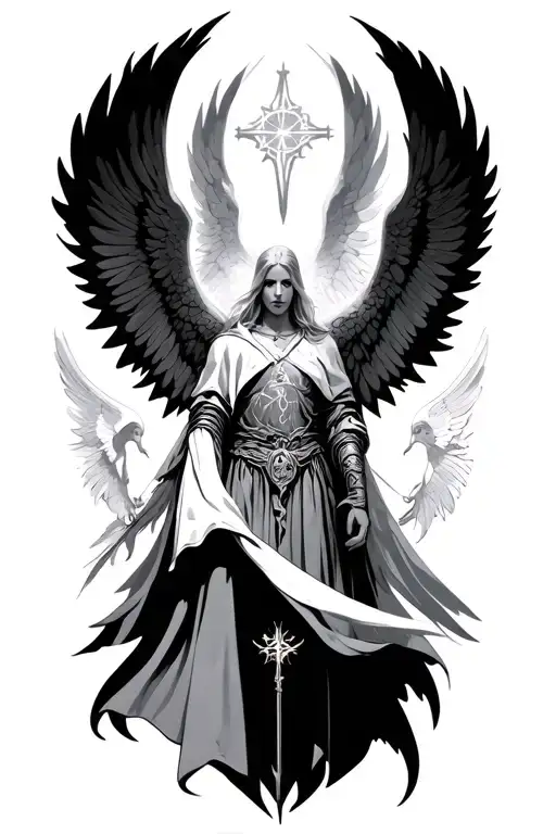 A Guardian Angel Warrior Surrounded By Angelic Symbols