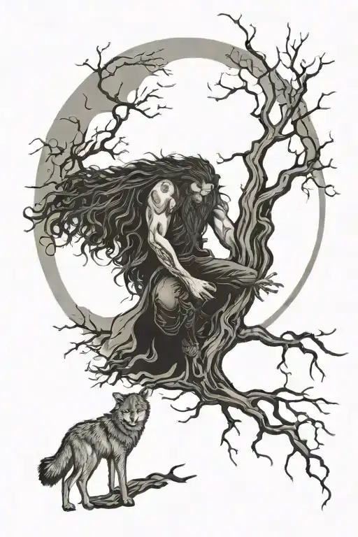 Witch Wolf Full Moon Tree Of Life With Damaged Roots
