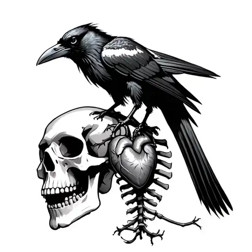 Raven Standing On A Skull With Heart Connected To Spinal Column