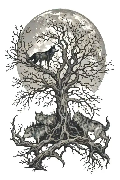 Dried Up Tree With A Moon And Wolves