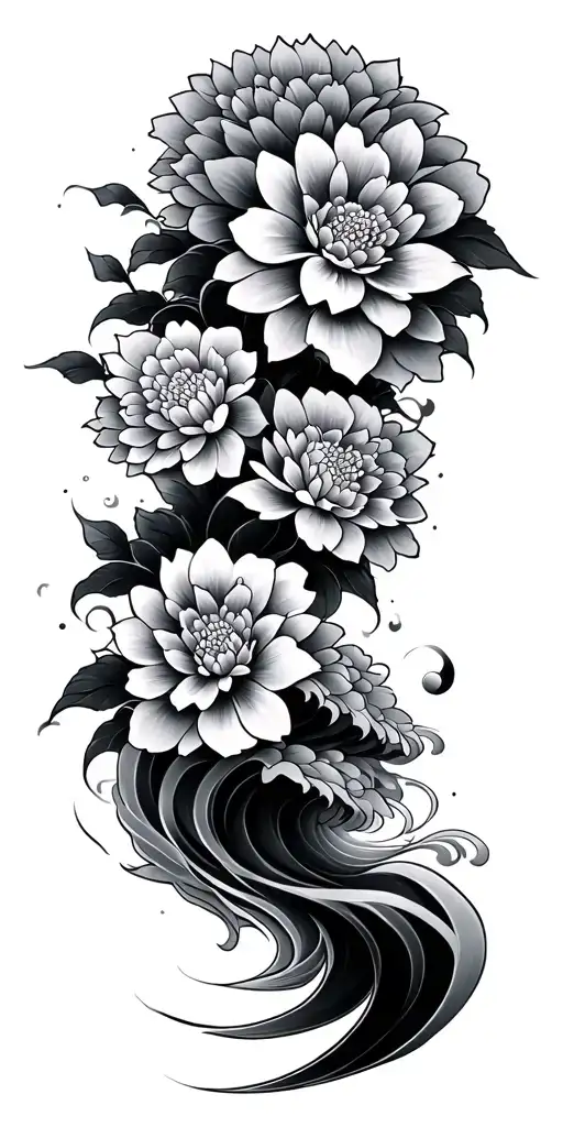 Japanese Style Tattoo With Waves Flowing And A Few Chrysanthemum Flowers