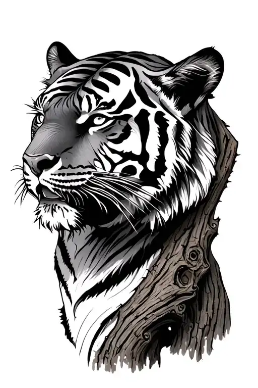 Side Facing Tiger Made Of Tree Bark