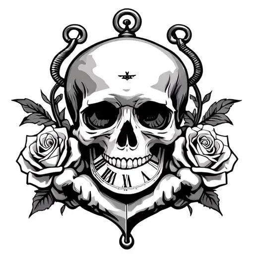 Anchor Clock Fists Of The Children's Skull With Clock And Rose