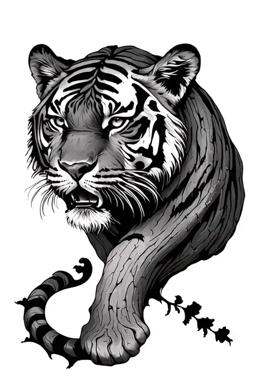 Full Body Side Facing Tiger Made Of Tree Bark