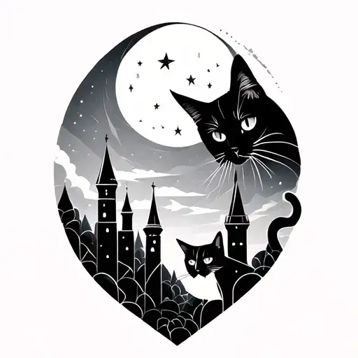 Geometric Tattoo With Moon And Stars A Cat And Large Towers