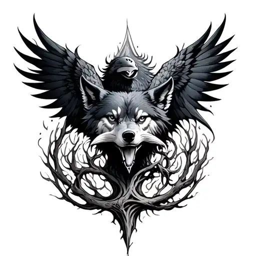 Yggdrasil With Raven And Wolf