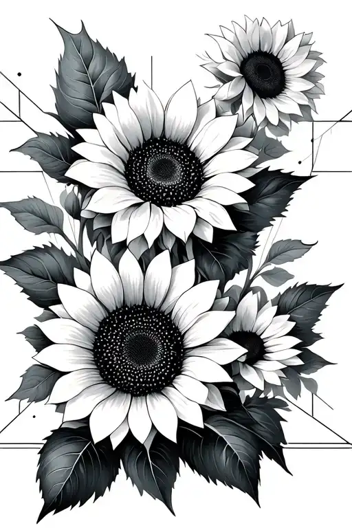 Sunflowers And Geometric Background Black And White