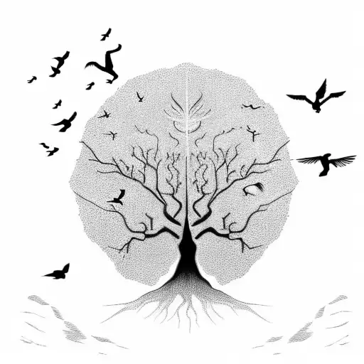 Tree Of Life With Flying Birds