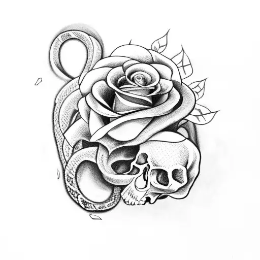 Snake With Roses Surrounding Skull