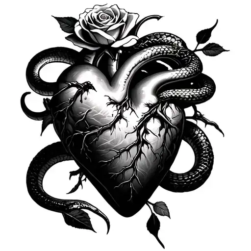 Dead Heart Surrounden By Snake Ewith Rose