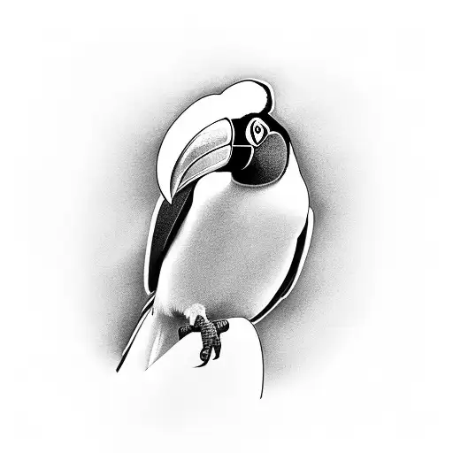 A Minimalist Black And Grey Tattoo Of A Toucan Perched On A Foot