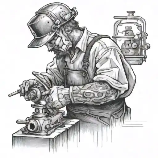 Create A Tattoo Design Featuring A Portrait Of Charles Keith Nicolls Welding In His Favorite Style