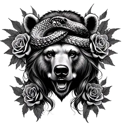 Ladyhead With Grizzly Headdress That Incorporates A Snake And Roses