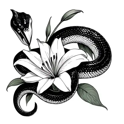 A Snake Coiled Around A Lilly Flower Bouquet