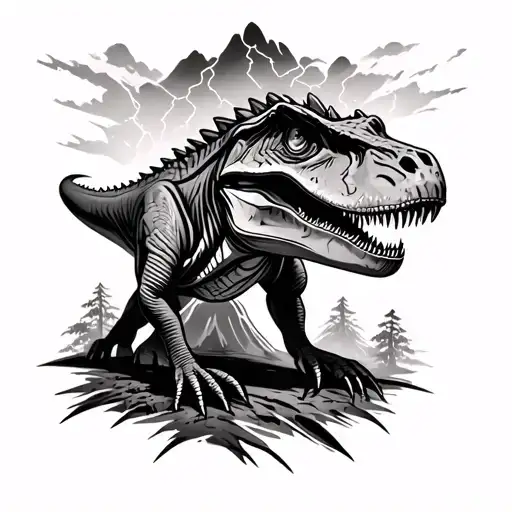 T Rex In Forest With Volcano And Lightning