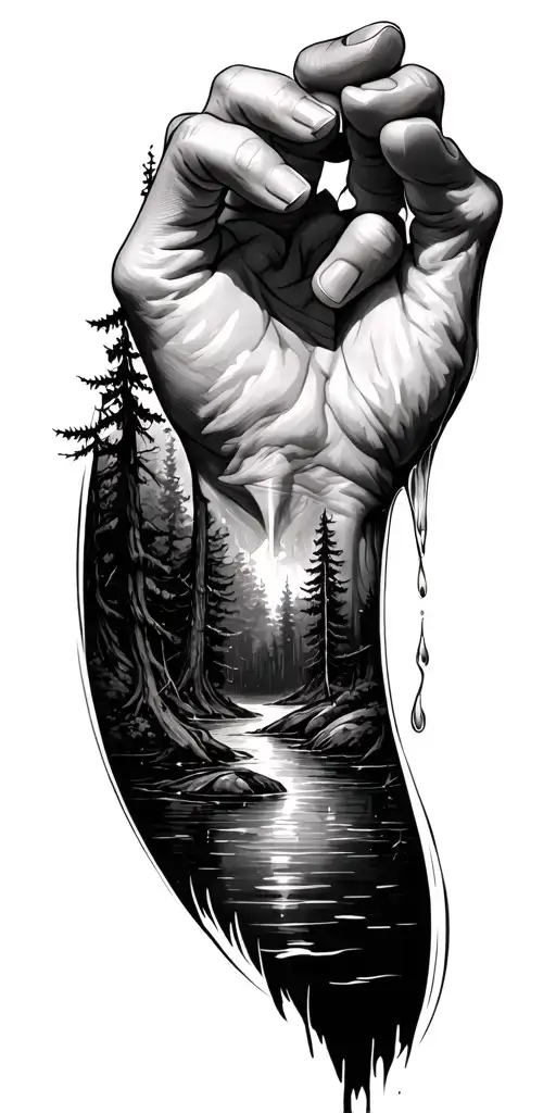 Hand Grasping Water And Woods