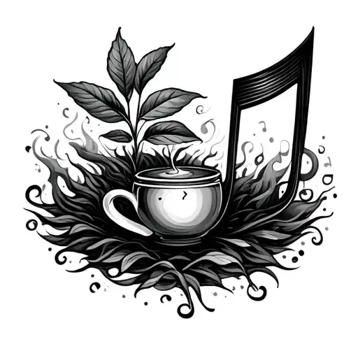 A Tea Plant Growing Out Of A Musical Note With Smoke Swirling Around It