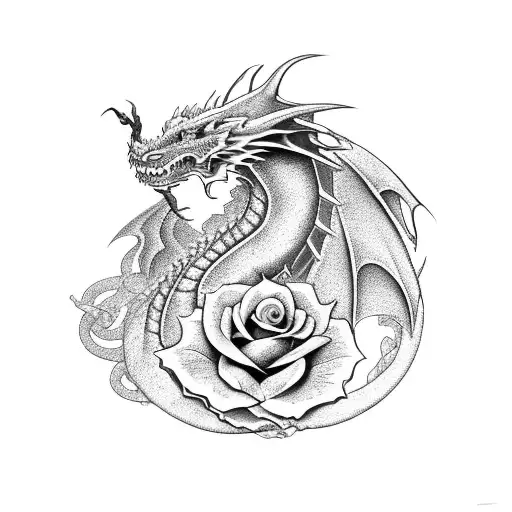 A Black And Grey Dragon Entwined With Roses