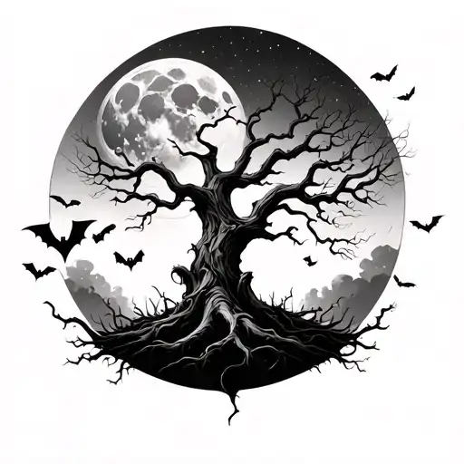 Spooky Tree A Moon And Bats Flying Across
