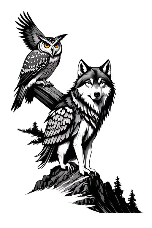 Wolf And Owl Perched A Mountain Landscape